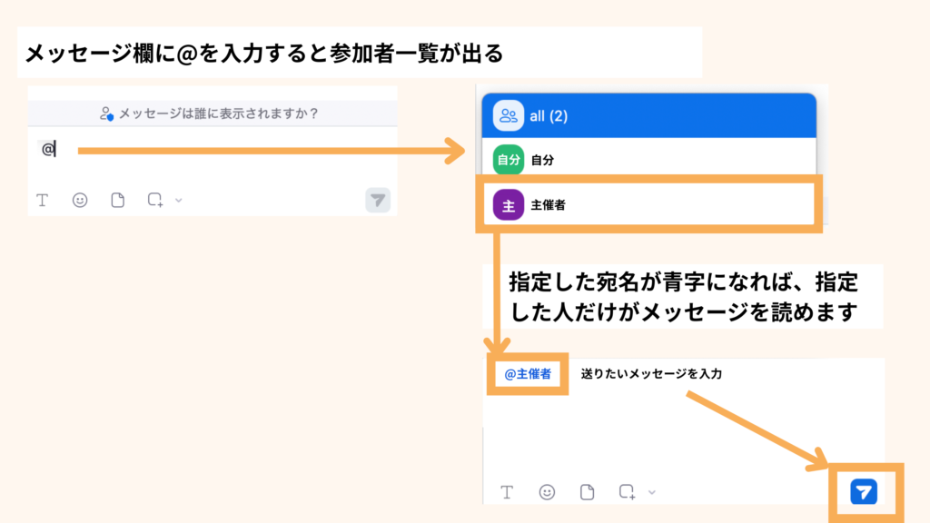 23 Enter-"@"-in-the-message-field-and-a-list-of-participants-will-appear.Click-on-the-person-you-want-to-send-to-Specify-the-recipient-(if-the-name-turns-blue,it's-OK)-Click-on-the-paper-airplane-icon-in-the-bottom-right